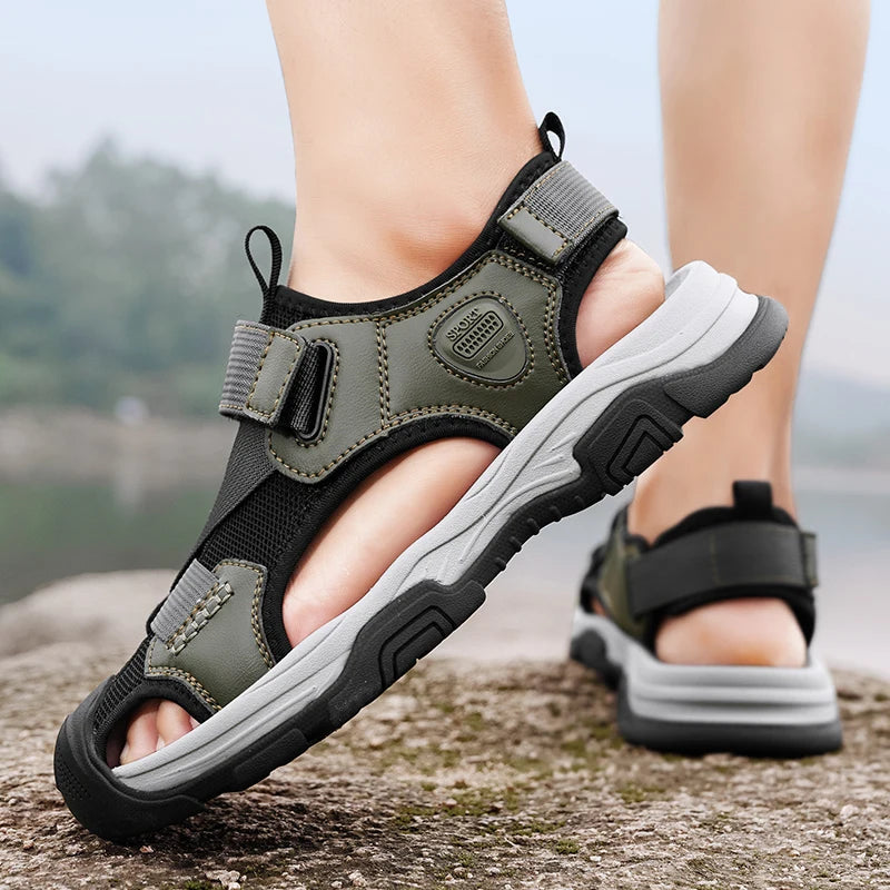Sandals for Men's Summer New Cowhide Casual Beach Shoes, Genuine Leather for Men's Anti Slip Middle-aged Sandals and Slippers
