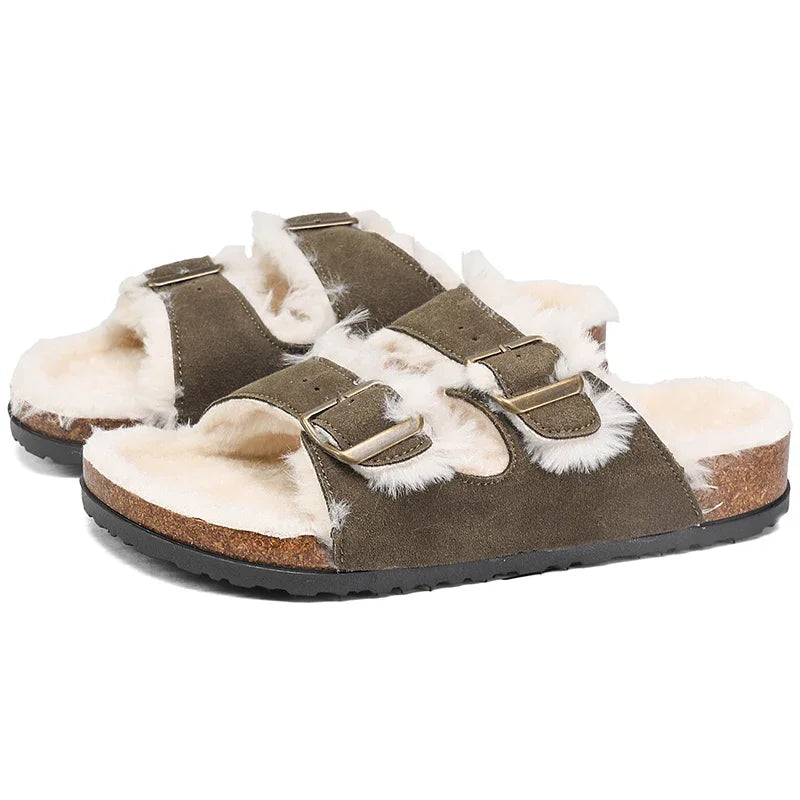 Men Women Plush Fur Slippers with Double Buckle Cork Sandals Winter Supper Warm Home Shoes Barefoot Comfort Footbed Sales
