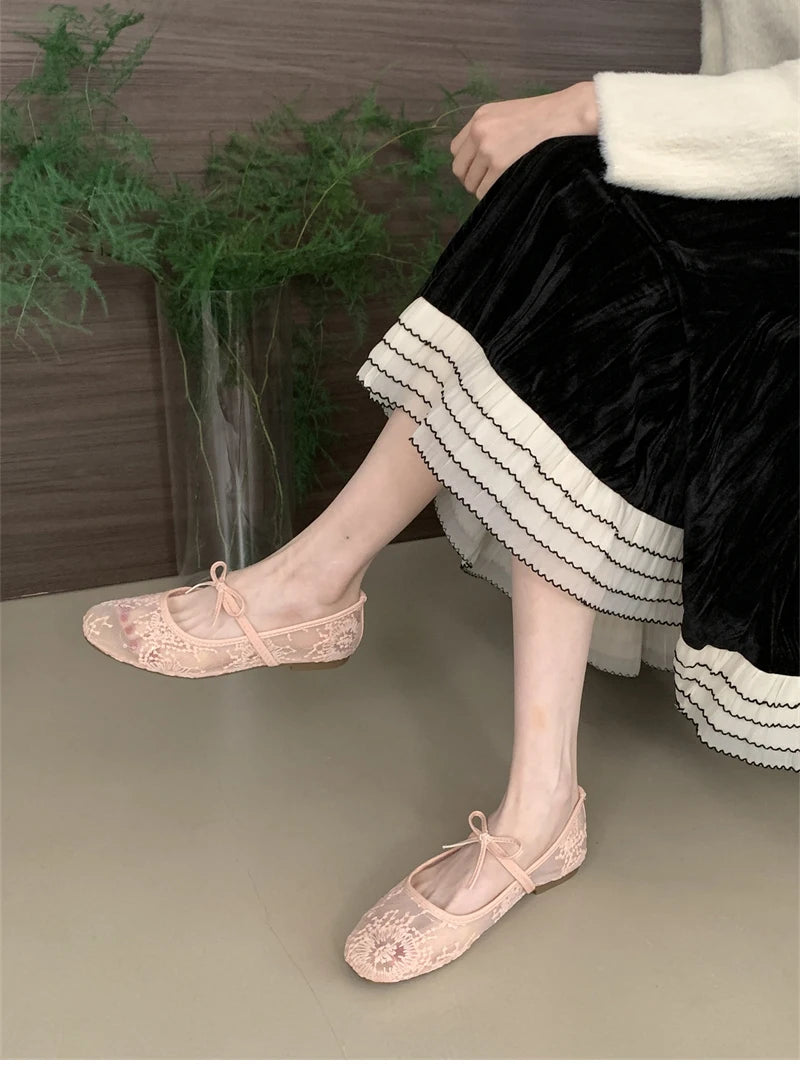2025 Spring Lace Women Mary Jane Shoes Fashion Slip On Comfort Street Style Soft Sole Female Dress Flats Shoes