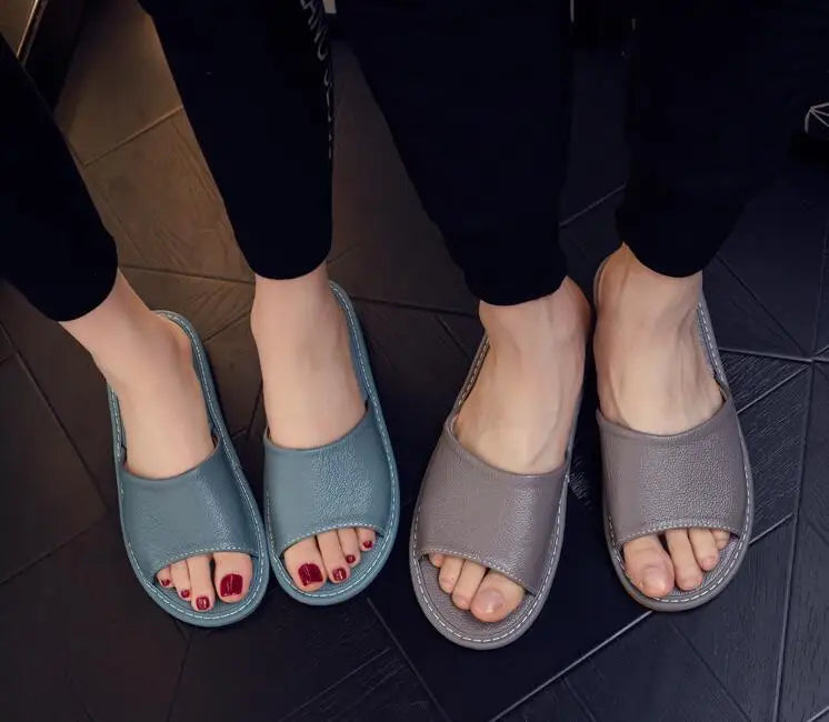 Genuine Leather Slippers Homes in indoor slipper summer open toe sandals men women elderly casual Slides shoes