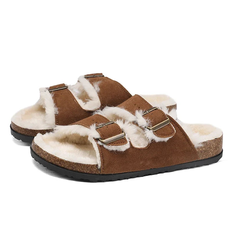 Men Women Plush Fur Slippers with Double Buckle Cork Sandals Winter Supper Warm Home Shoes Barefoot Comfort Footbed Sales