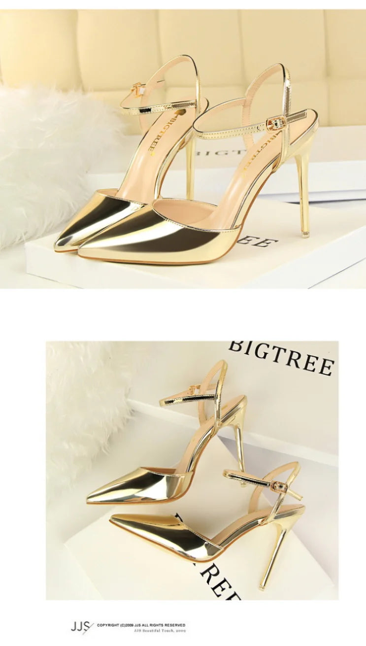 86-1 Style Simple Slim Ultra High Heel Shallow Painted Leather Sexy Nightclub Slimming One-word Strap Women Cool Shoes