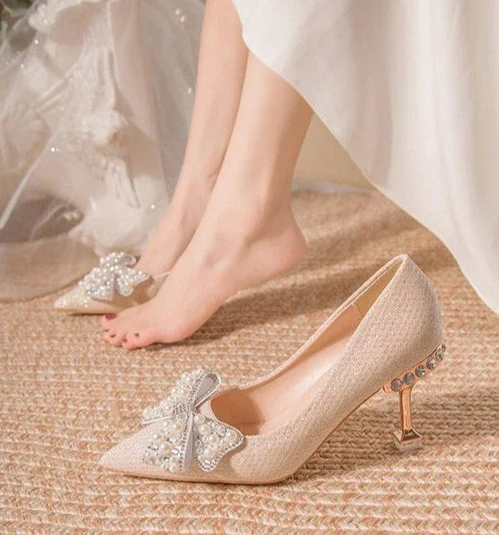 Pumps with Bow on Heeled Wedding Bride Shoe High Heels Shoes for Women Pointed Toe Woman PumpsLoafers Stilito Beau Today Lastest