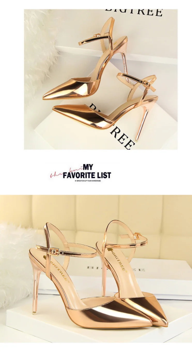 86-1 Style Simple Slim Ultra High Heel Shallow Painted Leather Sexy Nightclub Slimming One-word Strap Women Cool Shoes
