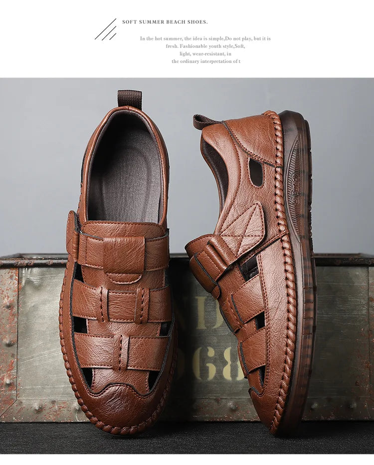 Leather Sandals Baotou 2025 Summer New Genuine Leather Breathable Hollow Porous Shoes Men's Tendon Soft Bottom Middle-Aged Dad S