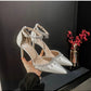 Comemore 2025 White Wedding Bridesmaid Shoes Satin Fashion Rhinestone Fringe Chain High Heels Black Temperament Elegance Pumps