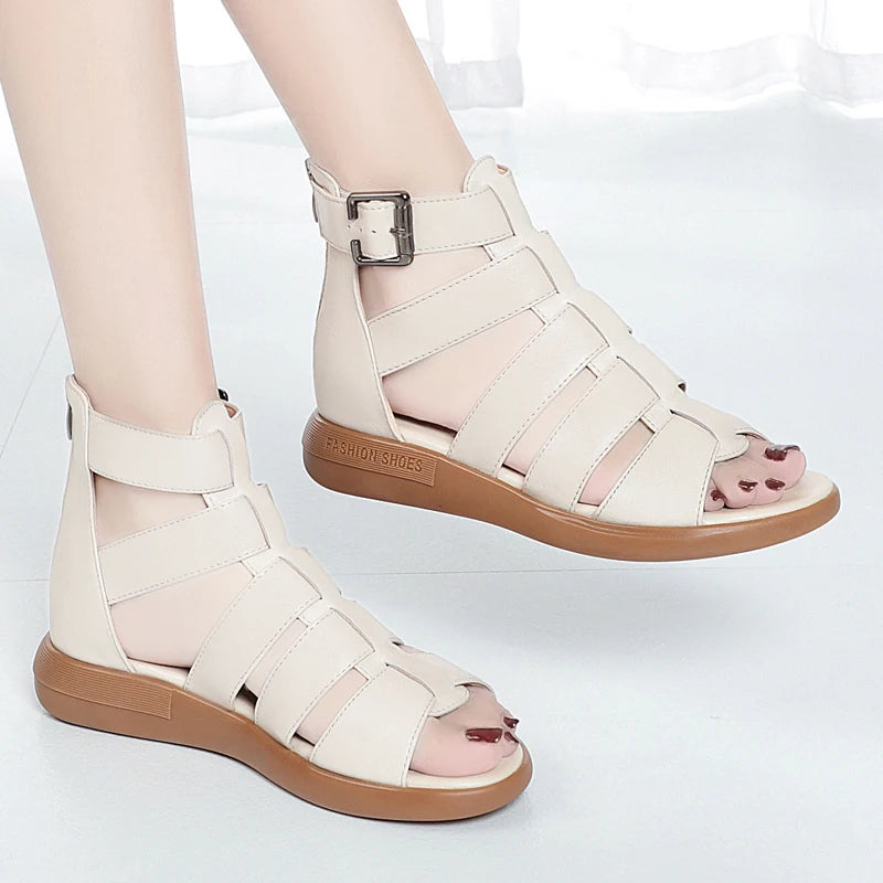 2024 New Women's Tennis Boots Flat Bottom Low Heel Hollow Cool Boots Summer Open Toe Genuine Leather Sandals Flat Shoes