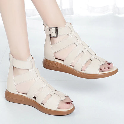 2024 New Women's Tennis Boots Flat Bottom Low Heel Hollow Cool Boots Summer Open Toe Genuine Leather Sandals Flat Shoes