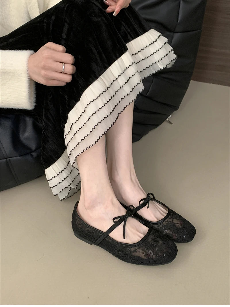 2025 Spring Lace Women Mary Jane Shoes Fashion Slip On Comfort Street Style Soft Sole Female Dress Flats Shoes