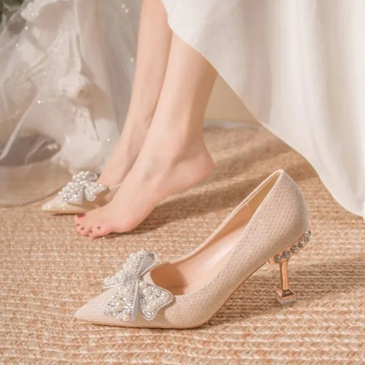 Pumps with Bow on Heeled Wedding Bride Shoe High Heels Shoes for Women Pointed Toe Woman PumpsLoafers Stilito Beau Today Lastest