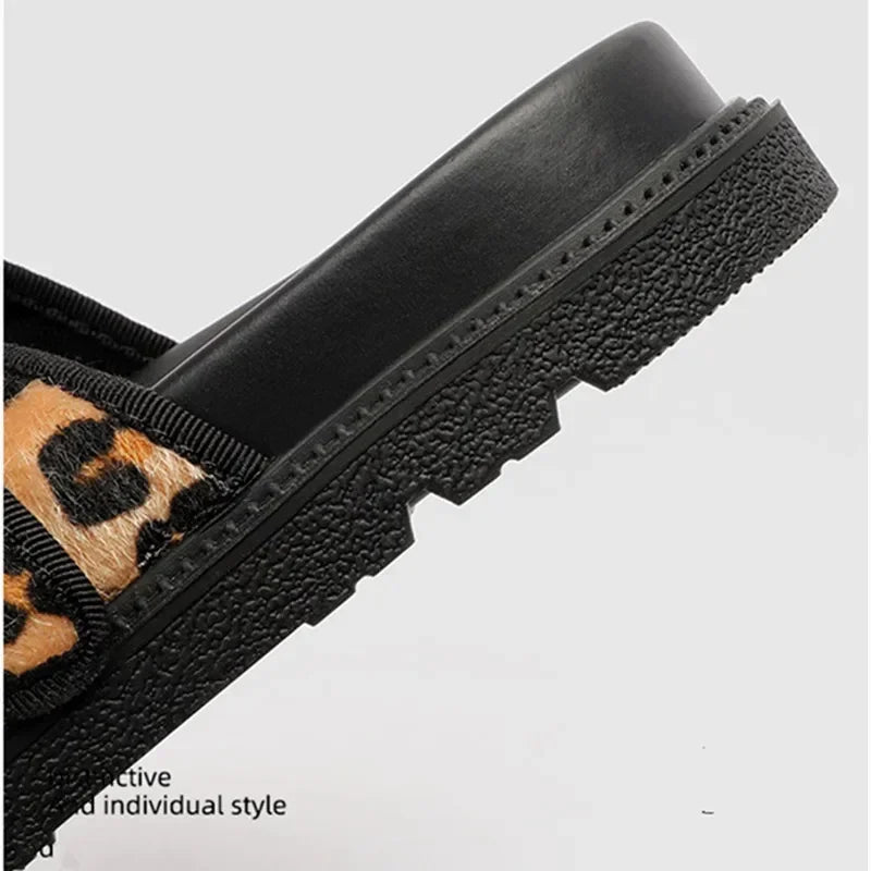 High Quality Leopard Metal Buckle Design Women Slippers Sexy Comfort Non Slip Slide Sandals Summer Size 43 Platform Flip Flops