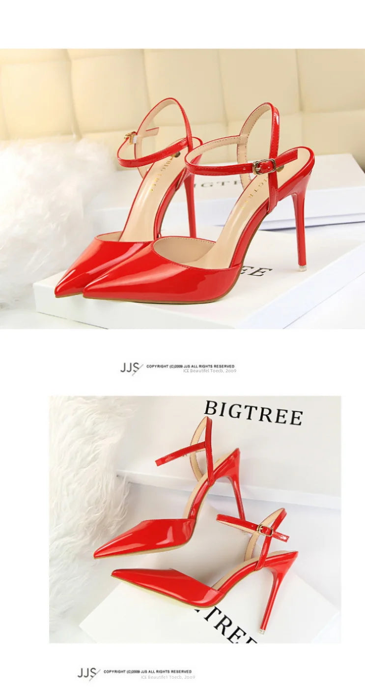 86-1 Style Simple Slim Ultra High Heel Shallow Painted Leather Sexy Nightclub Slimming One-word Strap Women Cool Shoes