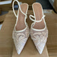 Women's Mesh Floral Embroidered Slingback High Heels Female Open Heel Pearl Studded Pointed Toe Sandals Sexy Stiletto Lady Mules