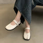 SUOJIALUN Autumn Women Flat Shoes Fashion Split Toe Flat Heel Laofer Shoes Shallow Soft Leather Casual Outdoor Mary Jane Shoes