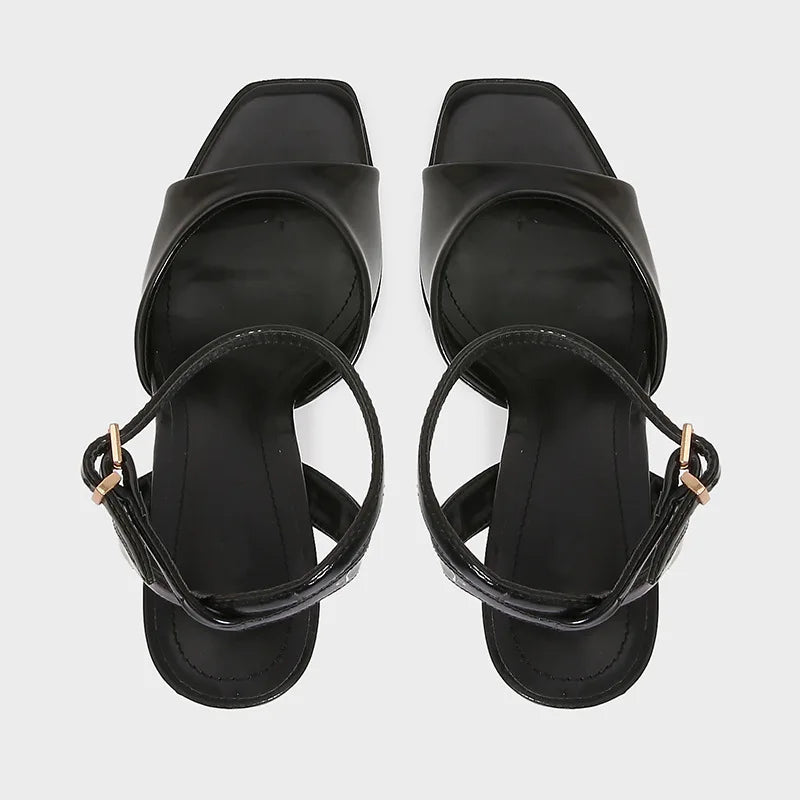 Black Patent Leather Ankle Strap Buckle Heeled Sandals Women Sexy Square Open Toe High Heels Summer Elegant Party Office Shoes