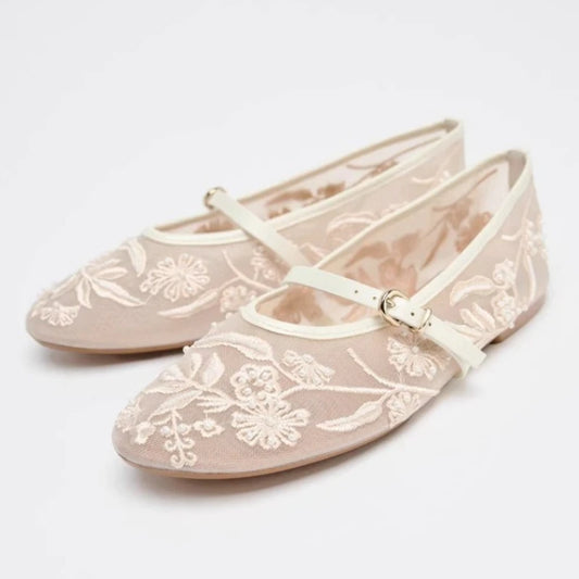 Embroidery Pearl Mesh Ballet Flats Women Fashion Hollow Round Toe Flat Sandals Elegant Comfortable Belt Buckle Mary Jane Shoes