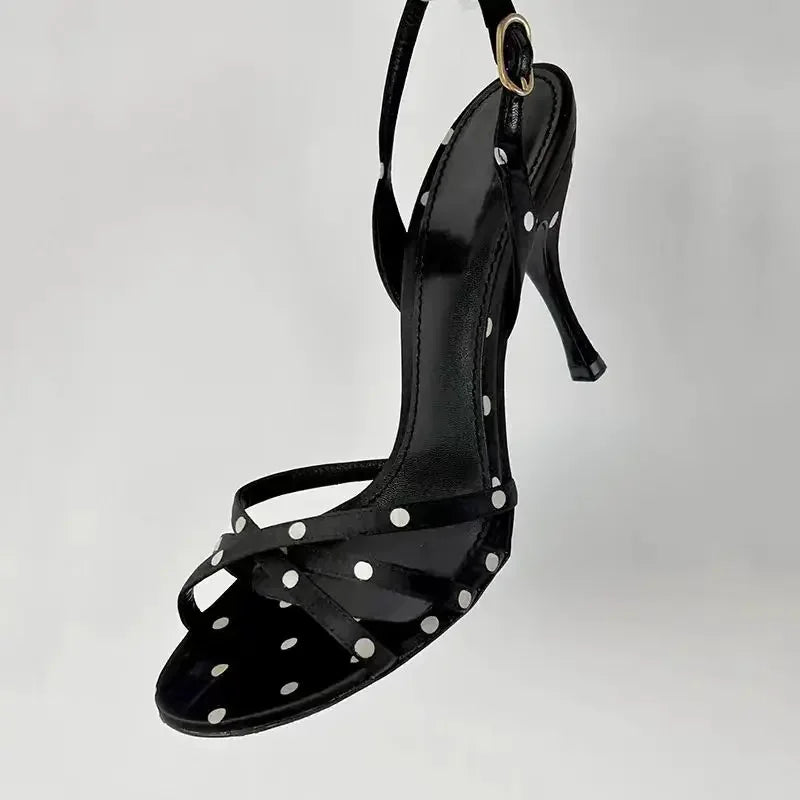 2025 new Polka dot black and white with a group of high heels with sandals women's high heels go out light sexy women's shoes