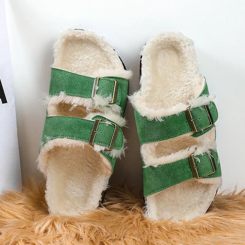 Men Women Plush Fur Slippers with Double Buckle Cork Sandals Winter Supper Warm Home Shoes Barefoot Comfort Footbed Sales