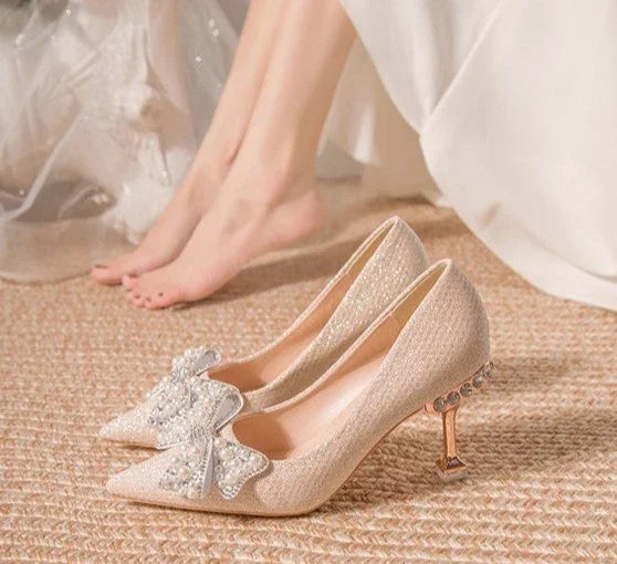 Pumps with Bow on Heeled Wedding Bride Shoe High Heels Shoes for Women Pointed Toe Woman PumpsLoafers Stilito Beau Today Lastest