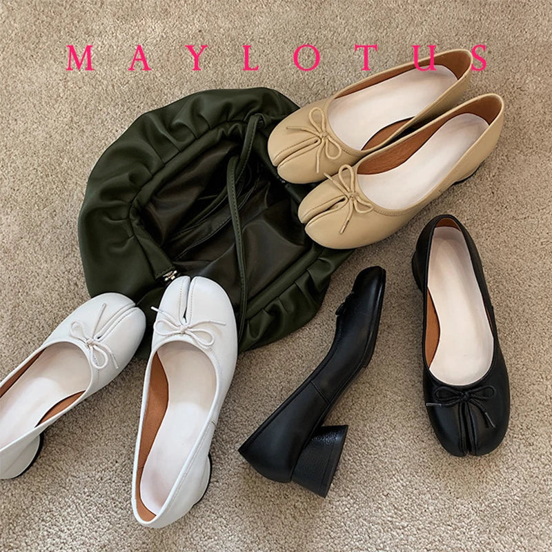 Split Toe 3cm Heel Tabi  Shoes Slip On Leather Comfy Shoes Soft Bottom solid Ladies Moccasins with Bowknot