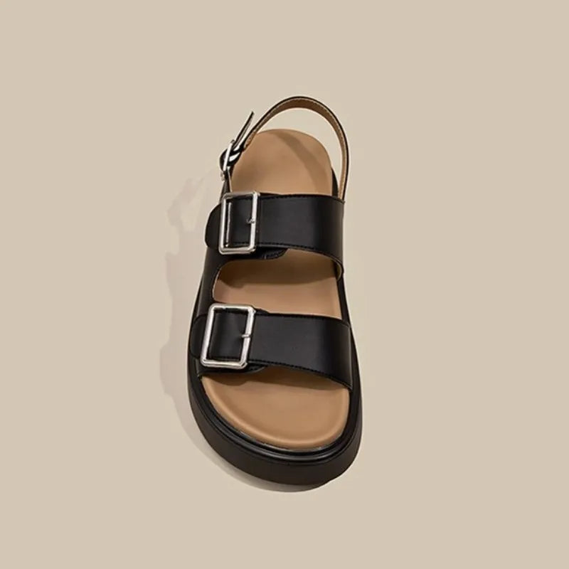 Low Sandals Woman Leather Low-heeled Rome Fabric Slides Rubber Hoof Heels Low Sandals Woman Leather Low-heeled Fabric Rubber Sli