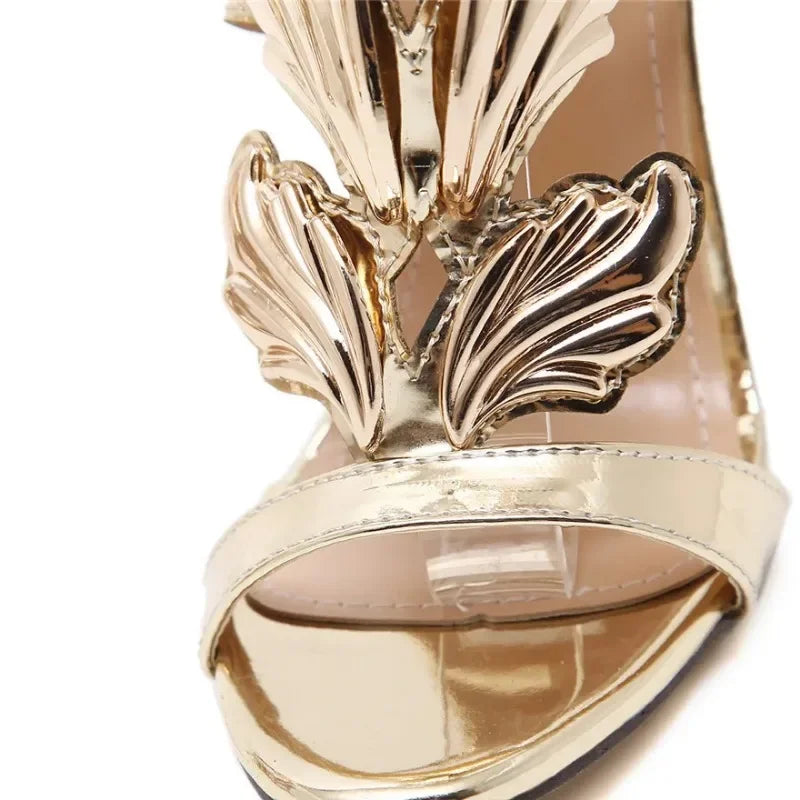 Rome Style Metal Wings Stiletto Women's Sandals Gold Patent Leather High Heels Fashion Ladies Open Toe Double Buckle Party Shoes