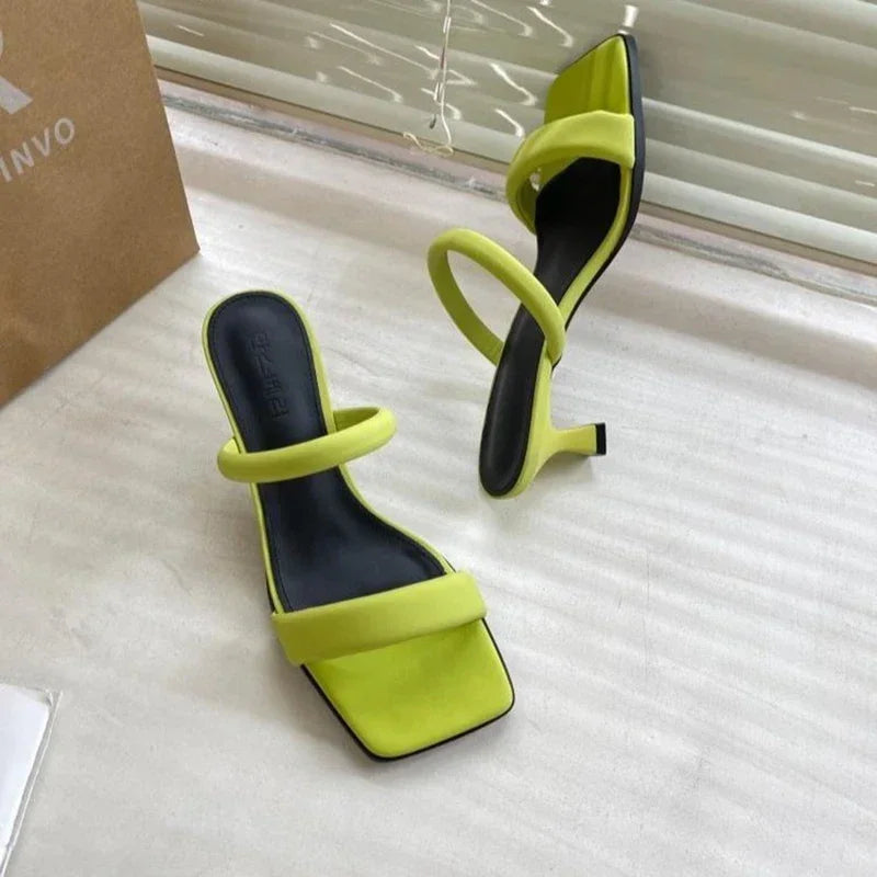 Open Toe High Heeled Sandals Women's 2023 Summer New Square Head Thick Heel Mid-heel Slippers