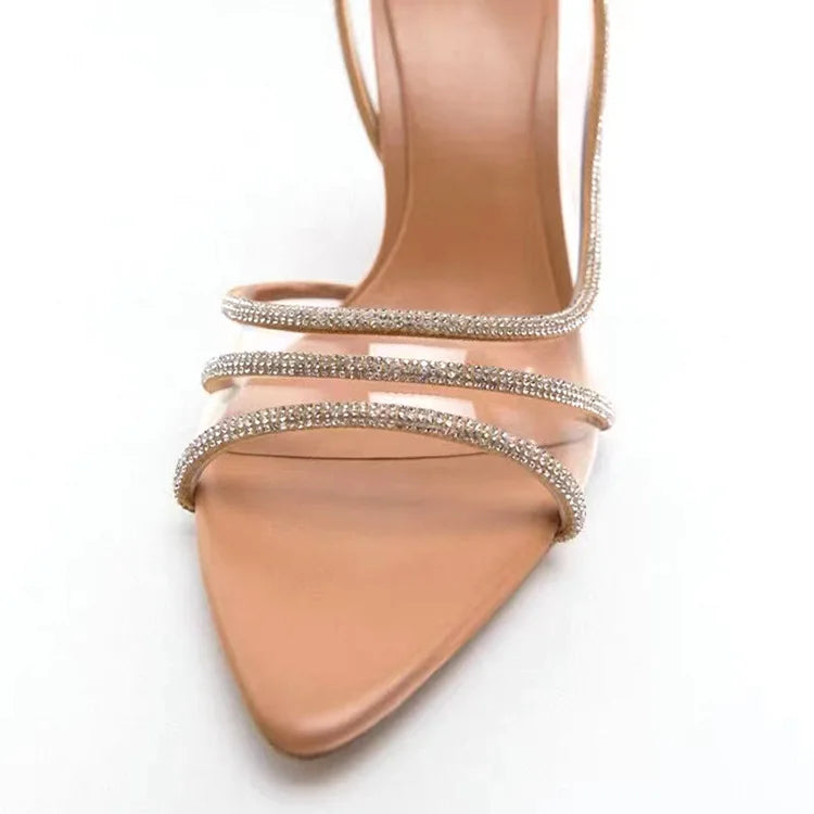 Thin Heel High Heels Women's 2024 Summer New Fairy Style Sexy Shallow Mouth Back Hollow Pointed Water Diamond Open Toe Sandals