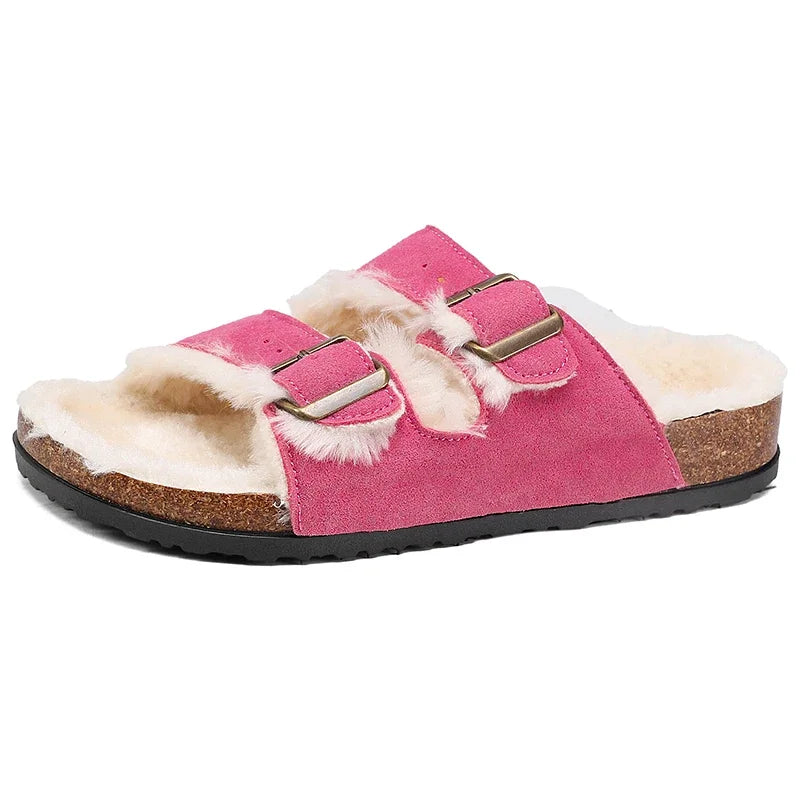 Men Women Plush Fur Slippers with Double Buckle Cork Sandals Winter Supper Warm Home Shoes Barefoot Comfort Footbed Sales
