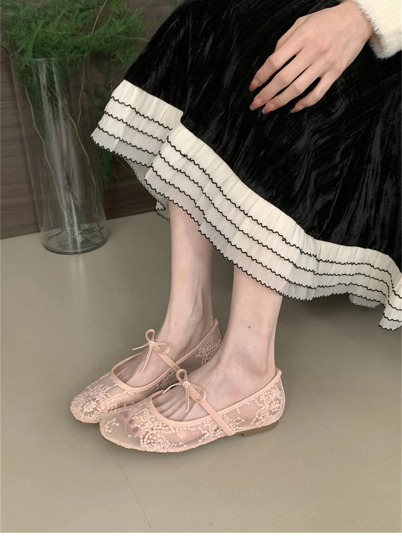 2025 Spring Lace Women Mary Jane Shoes Fashion Slip On Comfort Street Style Soft Sole Female Dress Flats Shoes