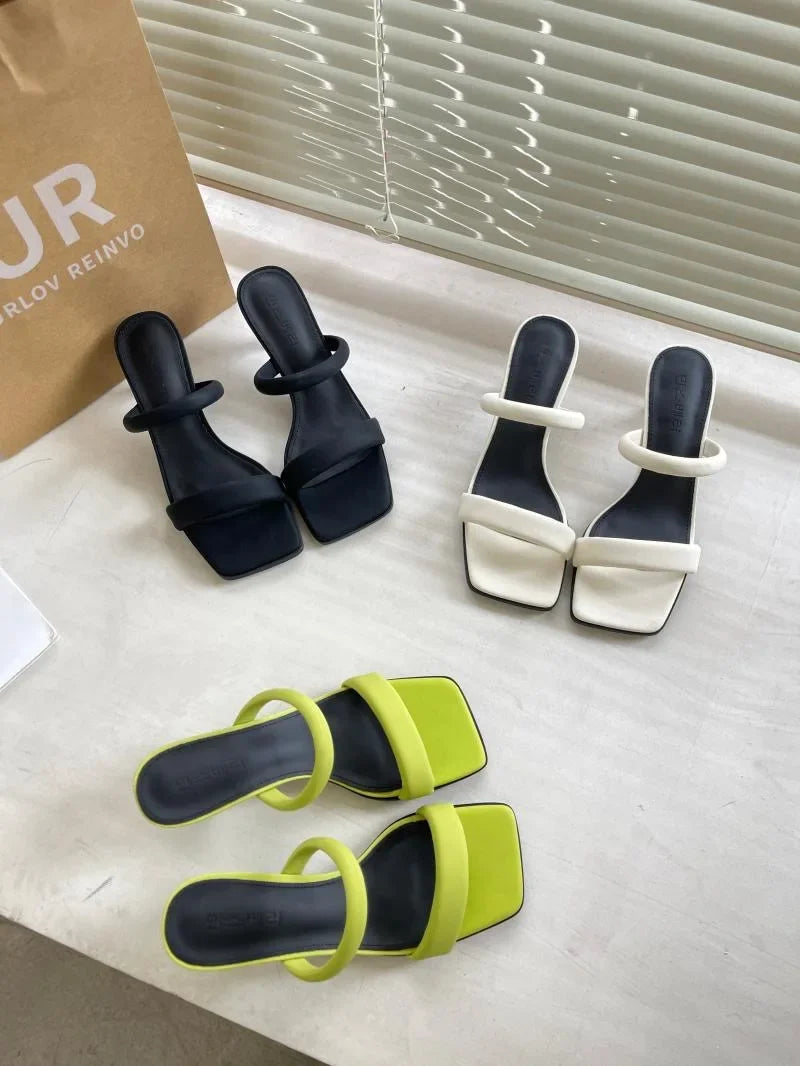 Open Toe High Heeled Sandals Women's 2023 Summer New Square Head Thick Heel Mid-heel Slippers
