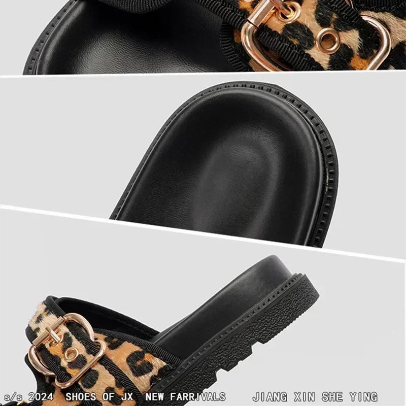 High Quality Leopard Metal Buckle Design Women Slippers Sexy Comfort Non Slip Slide Sandals Summer Size 43 Platform Flip Flops