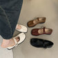 SUOJIALUN Autumn Women Flat Shoes Fashion Split Toe Flat Heel Laofer Shoes Shallow Soft Leather Casual Outdoor Mary Jane Shoes