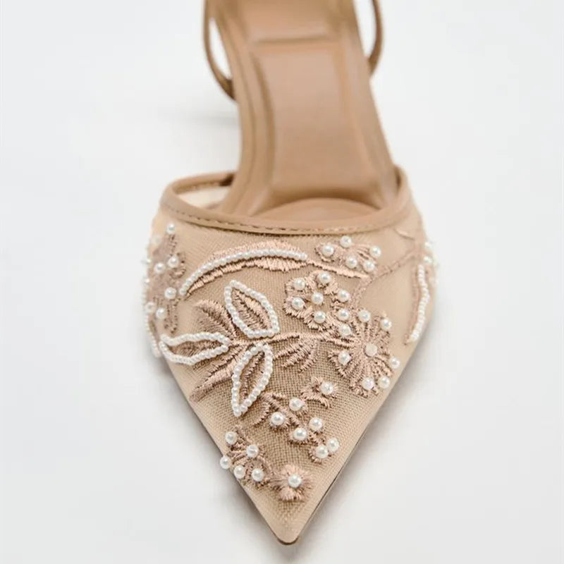 Luxury Mesh Embroidery High Heels Women Sexy Pointed Toe String Bead Slingback Heeled Sandals Summer Elegant Banquet Dress Shoes
