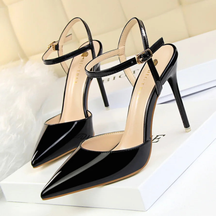 86-1 Style Simple Slim Ultra High Heel Shallow Painted Leather Sexy Nightclub Slimming One-word Strap Women Cool Shoes