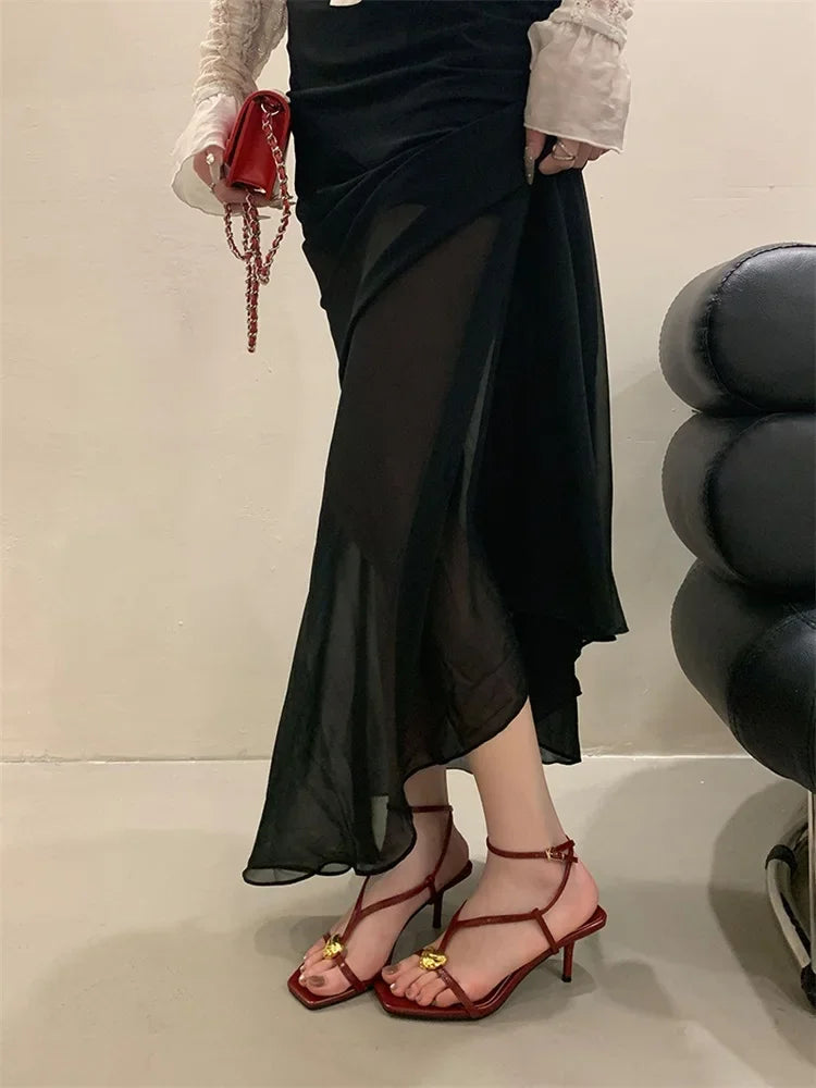 Summer Fashion Metal Buckle Narrow Band Sandals Women Band Open Toe Thin Low Heel Gladiator Party Shoes Zapatos De Mujer