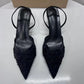Women's Mesh Floral Embroidered Slingback High Heels Female Open Heel Pearl Studded Pointed Toe Sandals Sexy Stiletto Lady Mules