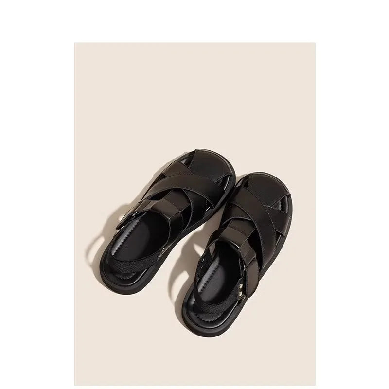 Low Sandals Woman Leather Low-heeled Rome Fabric Slides Rubber Hoof Heels Low Sandals Woman Leather Low-heeled Fabric Rubber Sli