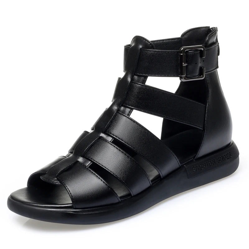 2024 New Women's Tennis Boots Flat Bottom Low Heel Hollow Cool Boots Summer Open Toe Genuine Leather Sandals Flat Shoes