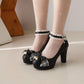 Summer Ladies Platform High Heels Cute Bow Lace Princess Mary Jane Lolita Shoes Blue Purple Party  Dress Pumps Big size 33 43