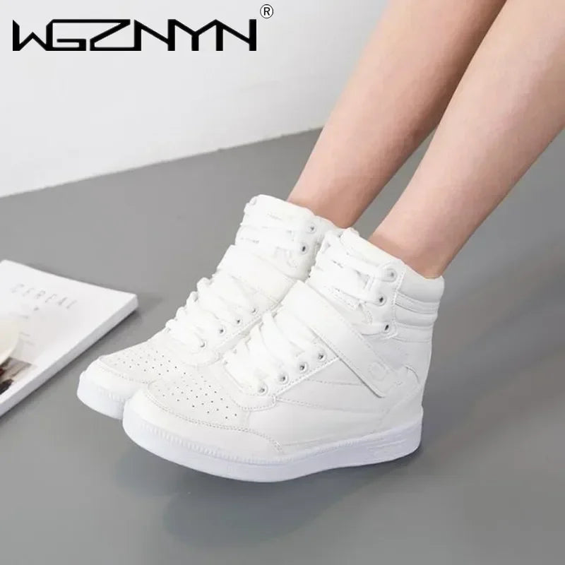 Designer Woman Breathable High Top Black White Boots Women Casual Sport Shoes Platform Hidden Increasing Sneakers Leather Shoe