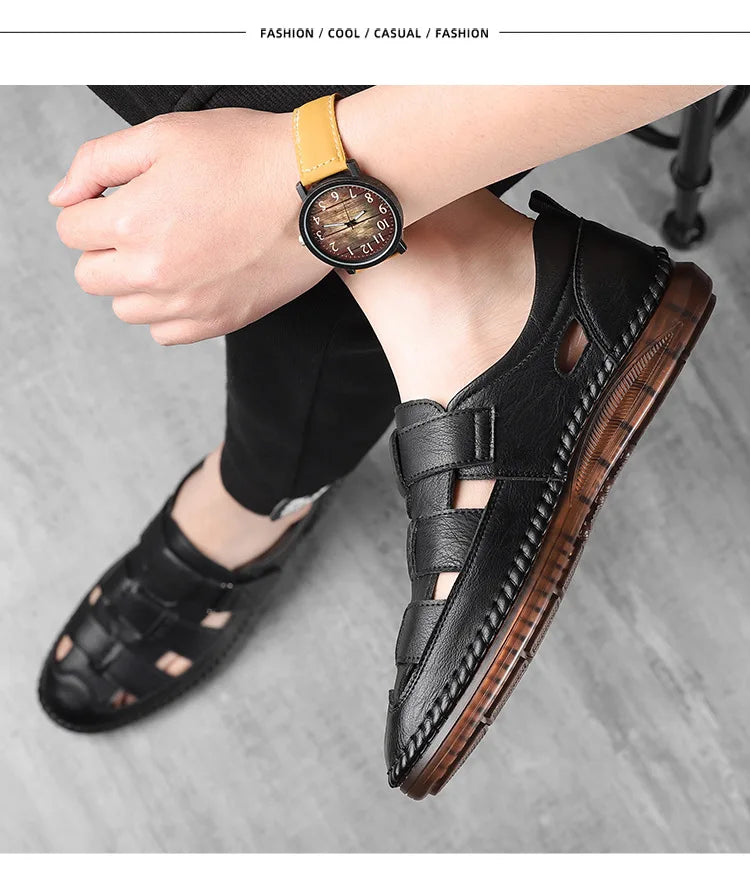 Leather Sandals Baotou 2025 Summer New Genuine Leather Breathable Hollow Porous Shoes Men's Tendon Soft Bottom Middle-Aged Dad S