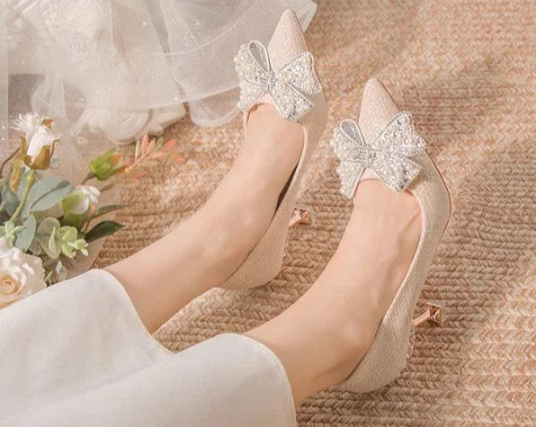 Pumps with Bow on Heeled Wedding Bride Shoe High Heels Shoes for Women Pointed Toe Woman PumpsLoafers Stilito Beau Today Lastest