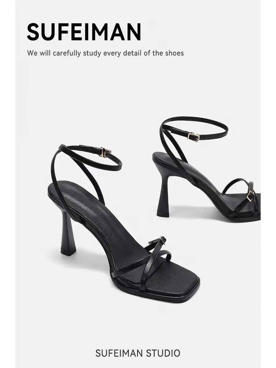 2025 designer women's new fashion letter high heels black super high heels stilettos lace-up sandals for women