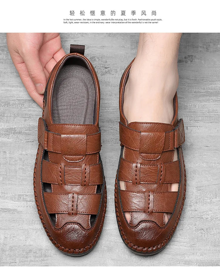 Leather Sandals Baotou 2025 Summer New Genuine Leather Breathable Hollow Porous Shoes Men's Tendon Soft Bottom Middle-Aged Dad S