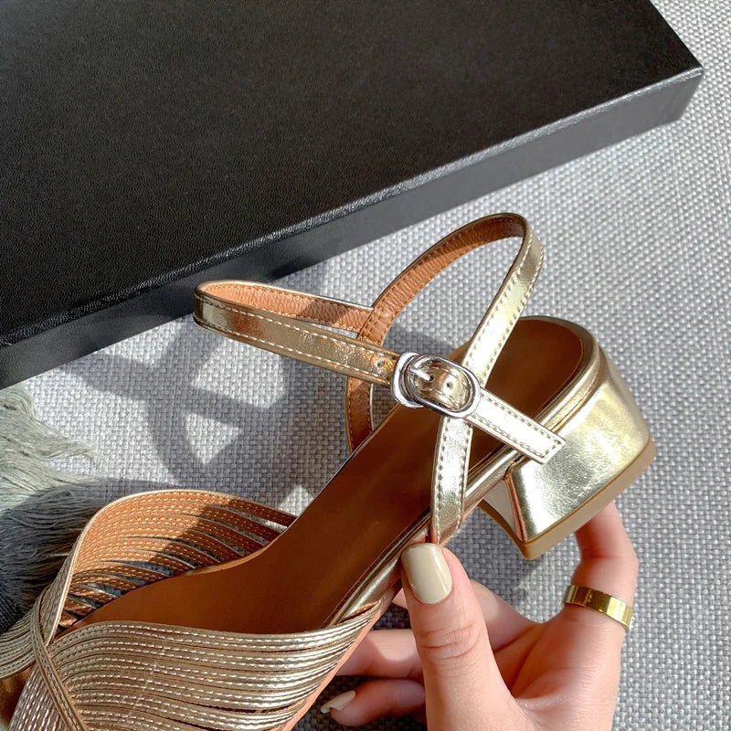 FEDONAS Summer Mixed Colors Women Sandals Ankle Strap Elegant Shoes Woman Genuine Leather Thick Heels Fashion Party Office Lady