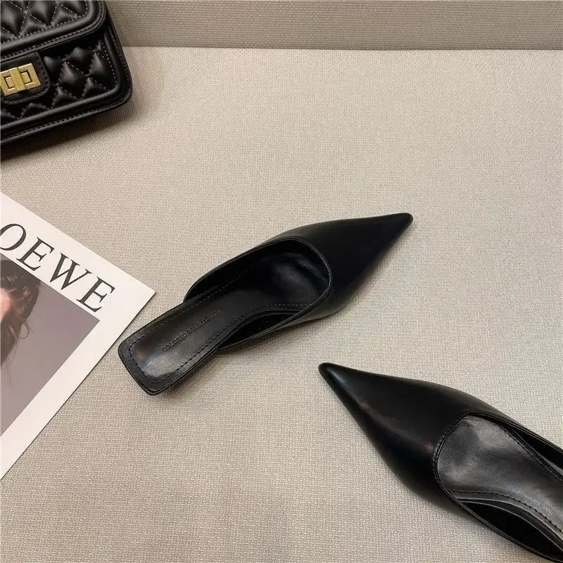 Woman Slippers Pointed Toe Outside Job Sandals Slides Mules Low Heel White Shoes for Women with Comfortable Luxury Korea Style