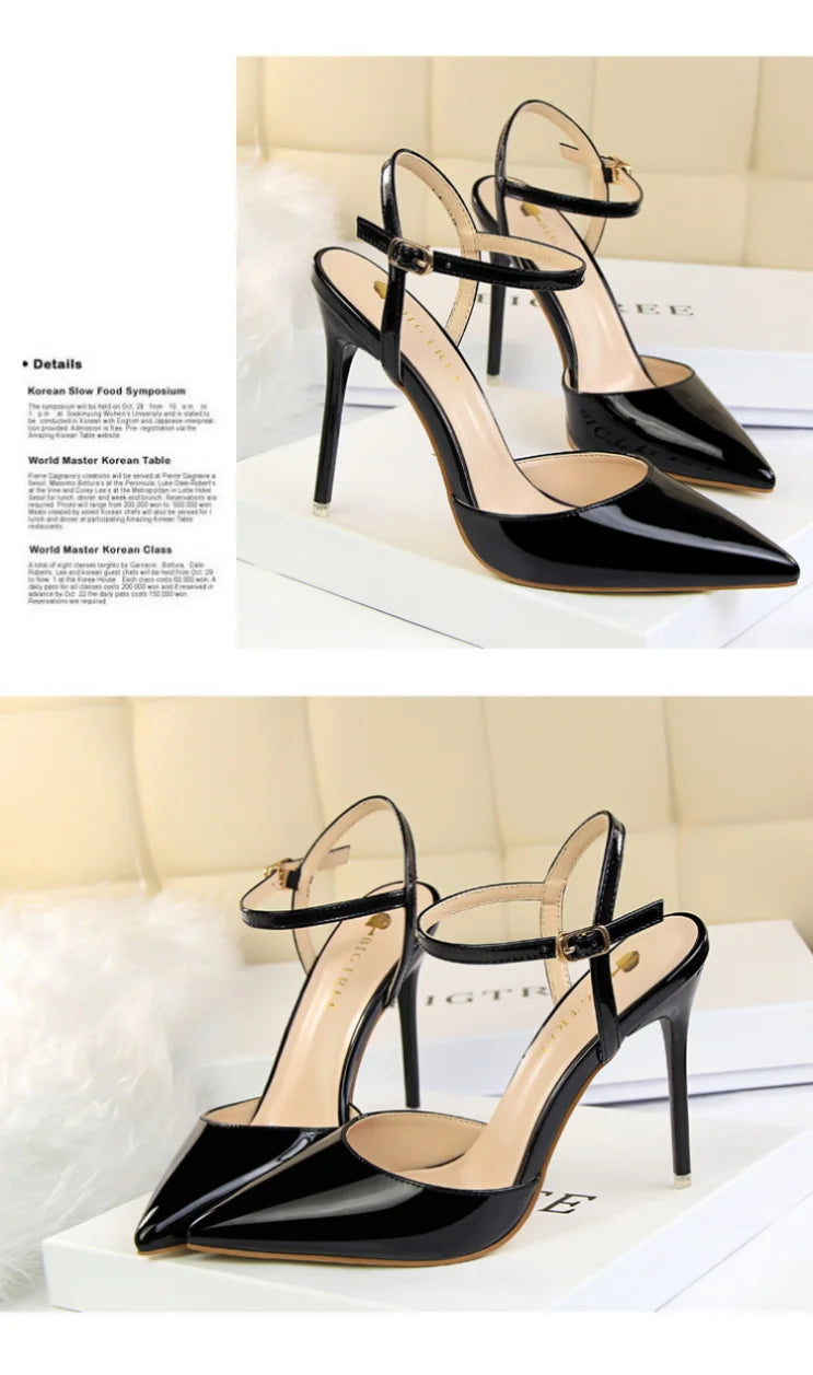 86-1 Style Simple Slim Ultra High Heel Shallow Painted Leather Sexy Nightclub Slimming One-word Strap Women Cool Shoes