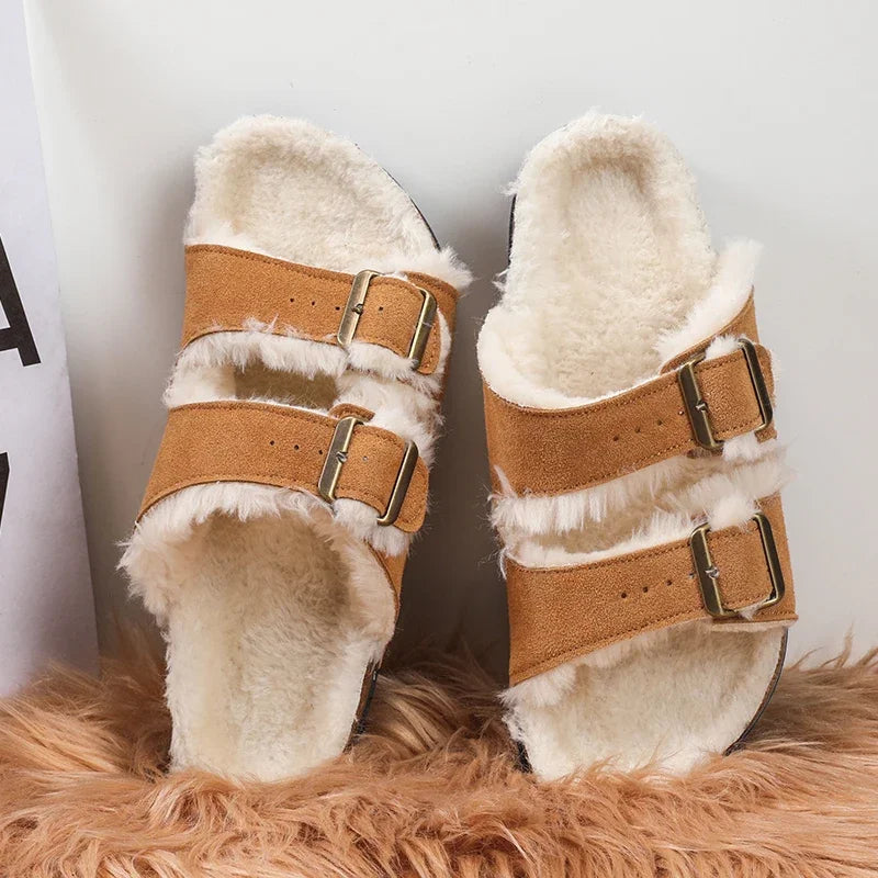Men Women Plush Fur Slippers with Double Buckle Cork Sandals Winter Supper Warm Home Shoes Barefoot Comfort Footbed Sales