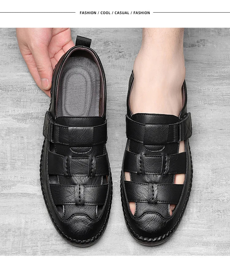 Leather Sandals Baotou 2025 Summer New Genuine Leather Breathable Hollow Porous Shoes Men's Tendon Soft Bottom Middle-Aged Dad S